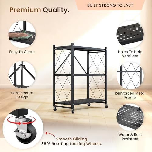 Our Modern Space 3-Tier Foldable Storage Shelf with Wheels | Metal Rack Collapsible Shelving Display | Rolling Cart for Books Kitchen Storage Shelves | Pantry & Closet Organizer | Office Room Decor - Image 3