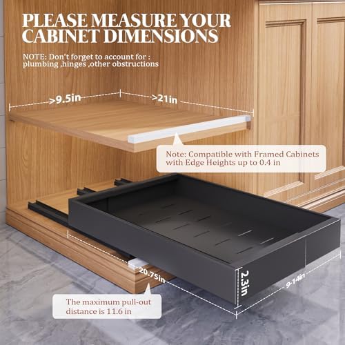 Seinloes 4 Pack Expandable Pull Out Cabinet Organizer 21" Deep With Raising Pad for Framed Cabinets,Upgrade 3 Slide Rails Slide Out Drawers,No Drill Roll Out Shelves,Adjustable Width 9"-14" Black - Image 3