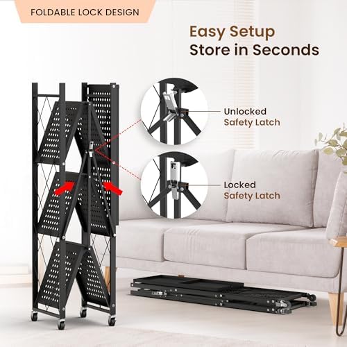 Our Modern Space 4-Tier Foldable Storage Shelf with Wheels | Metal Rack Collapsible Shelving Display | Rolling Cart for Books Kitchen Storage Shelves | Pantry & Closet Organizer | Office Room Decor - Image 4