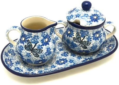 Polish Pottery Cream & Sugar Set - Blue Dragonfly by Polish+Pottery+Gallery