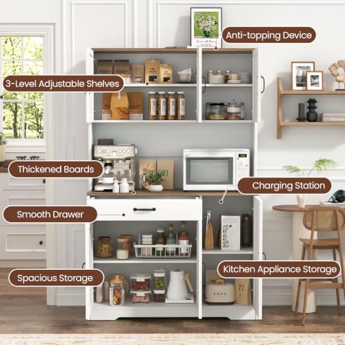 GRUSIGN 71" Pantry Cabinet with Charging Station, Large Capacity Kitchen Hutch Storage Cabinet, Kitchen Cabinet with Microwave Stand, Storage Drawers & Adjustable Shelves for Dining Room, White - Image 5