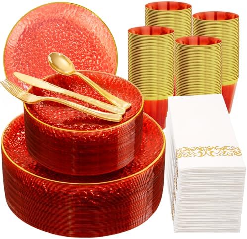 Rubtlamp 350 Pcs Plastic Dinnerware Set (50 Guests), Red And Gold Plastic Plates, Hammered Party Plates Set Include Dinner Plates, Dessert Plates, Cups, Cutlery Set And Napkins for Wedding And Party by Rubtlamp