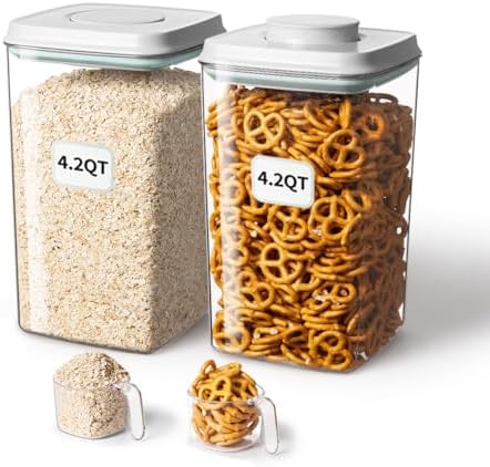 Ankou Airtight Food Storage Container with Pop Lid & 130ml Scoop, 4L/4.2qt *2 BPA-Free Cereal, Rice, Flour, Pasta & Snack Container, Stackable & Durable,Kitchen Pantry Organizer by ANKOU