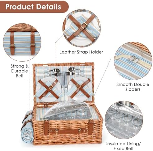 HappyPicnic Wicker Picnic Basket Set for 4 Persons with Cooler & Blanket - Image 6