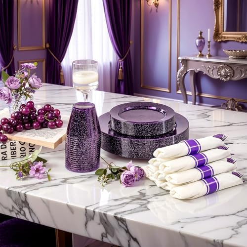 DaYammi 210PCS Purple Glitter Plastic Dinnerware Set for 30 Guests - Image 2