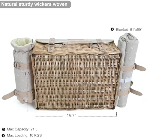 Multifunctional Wicker Picnic Basket Set for 4 with Blanket and Picnic Table, Insulated Picnic Set with Full Tablewares for Camping Outdoor Couples, Flowers - Image 3