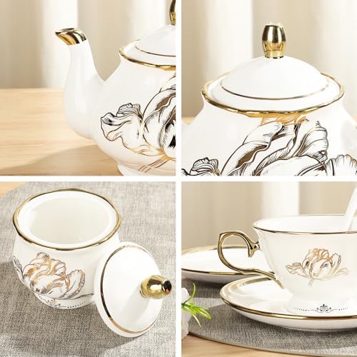 fanquare 22 Piece British Gold Tulip New Bone China Tea Coffee Set - Image 2
