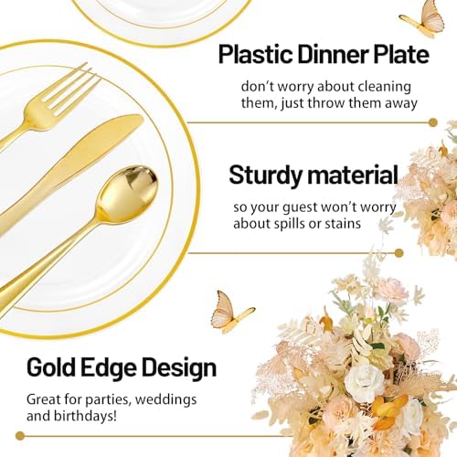 GATHER 350PCS Clear Plastic Plates with Gold Rim for Wedding and Party - Image 4