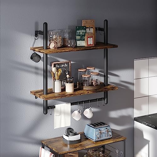 Bestier 24" 2 Tier Industrial Pipe Wall Shelf with 8 Hooks, Rustic Brown - Image 4
