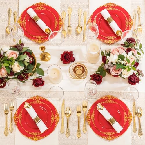 Nervure 350Pcs Red Plastic Plates, Disposable Dinnerware Set for 50 Guests - Image 4
