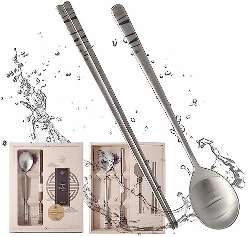 [5 Sets] [Made in Korea] Korean Sticky Rice Spoon Chopsticks Set Gold Titanium Plating 304 Stainless Steel Tableware Cutlery Set Mukbang Chopsticks (Stone Wall, 5 Sets) by KoreanPremiumKitchenware