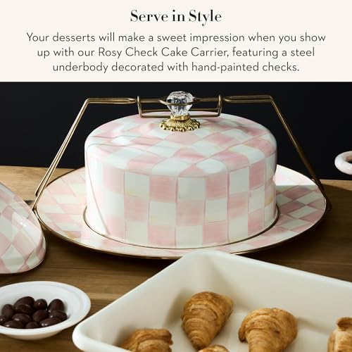 MACKENZIE-CHILDS Enamel Cake Carrier, Cake-Dish Serving Platter with Lid and Handles, Pink-and-White Rosy Check - Image 2