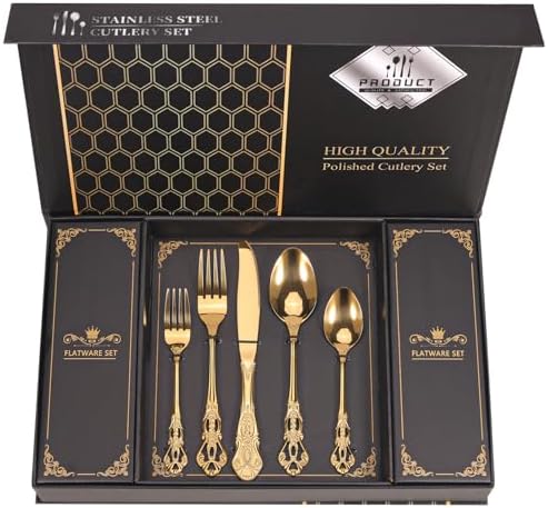 Retro Royal Gold Silverware Set With Gift Box, 20-Pieces Cutlery Set Utensils Stainless Steel Flatware For 4 MIKIWAY Kitchen Tableware Set For Gifts Festive, Dishwasher Safe, Mirror Polishing by MIKIWAY