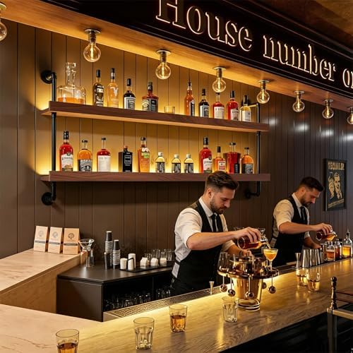 Wall Mounted Wine Rack with LED Light - 2-Tier Solid Wood Industrial Rustic Floating Shelves, Bottle Storage Organizer for Kitchen, Bar, Pub, Cellar, Home Bar (Walnut, 2-140cm/55.1in) - Image 3
