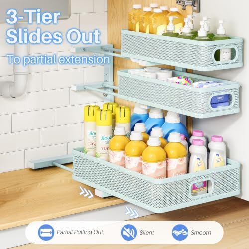 Under Sink Organizer, 3-Tier Thickened Metal Pull out Cabinet Organizer Shelf, Height Adjustable Slide out Storage Drawer Rack for Kitchen Bathroom Pantry Laundry Home, 2-Pack, LightBlue - Image 5