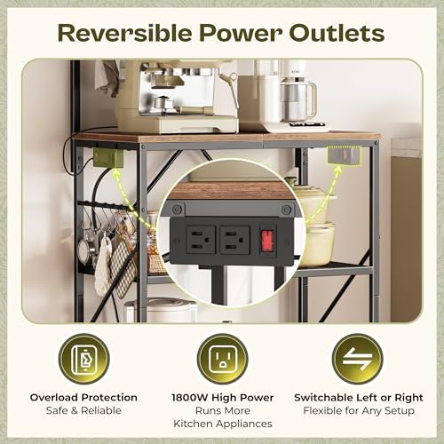 Huuger 4-Tier Bakers Rack with Reversible Power Outlet, 23.6 Inch Microwave Stand, Kitchen Coffee Bar, with Top Shelf, 6 S Hooks, Rustic Brown - Image 4