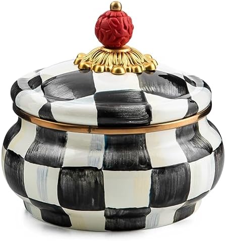 MACKENZIE-CHILDS Enamel Squashed Pot, Black-and-White Courtly Check by Unknown