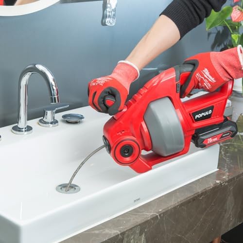 POPULO 20V Cordless Electric Drain Auger-Efficient 25Ft Auto-Feed Drain Snake with Replaceable Cable,2.0Ah Battery,Charger,Storage Bag & Gloves for Kitchen,Bathroom,Shower Pipes (3/4"-2")" - Image 6