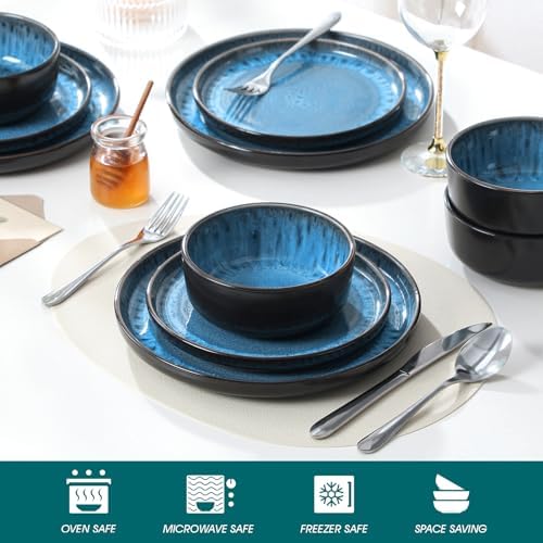 vancasso PLAYA Plates and Bowls Sets, 12 Pieces Blue Dinnerware Sets for Kitchen, Reactive Glaze Dishes Set for 4, Dishwasher and Microwave Safe - Image 4