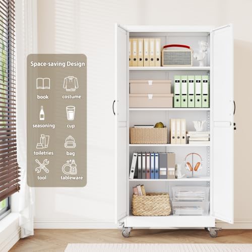 Metal Storage Cabinets with Wheels, Steel Tool Cabinets Lock Door and 4 Adjustable Shelves for Home Office, Garage, Kitchen (White, 70.9" H) - Image 5