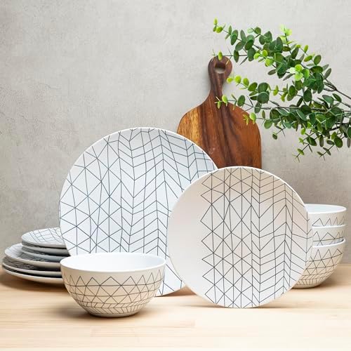 BZYOO 12 Piece Ceramic Dinnerware Set Modern Contemporary Design Plates and Bowls for Dining Glossy White Stoneware Dishes Set Microwave And Dishwasher Safe (Spidy Collection) by bzyoo