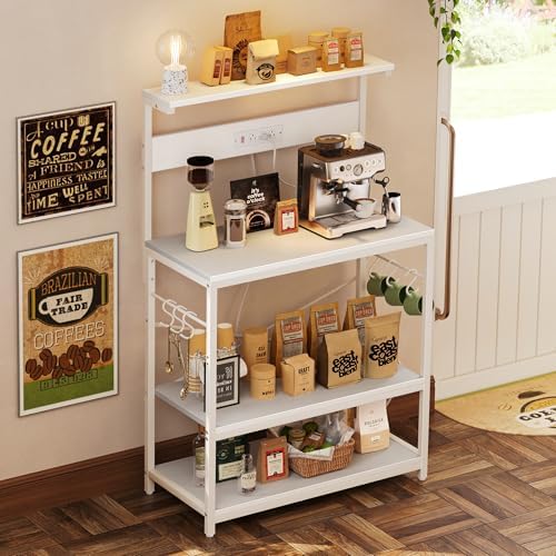 SUPERJARE Bakers Rack with Power Outlets, Microwave Stand, 31.5 X 16.5 Inch Larger Desktop, Kitchen Storage Rack with Adjustable Middle Shelf, 6 S-Shaped Hooks, Coffee Bar Stand, White - Image 6
