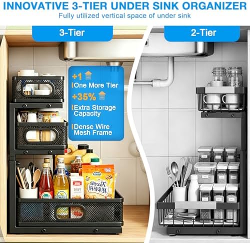 Under Sink Organizer,2Pack 3-Tier Height Adjustable Cabinet Organizer Shelf - Image 3