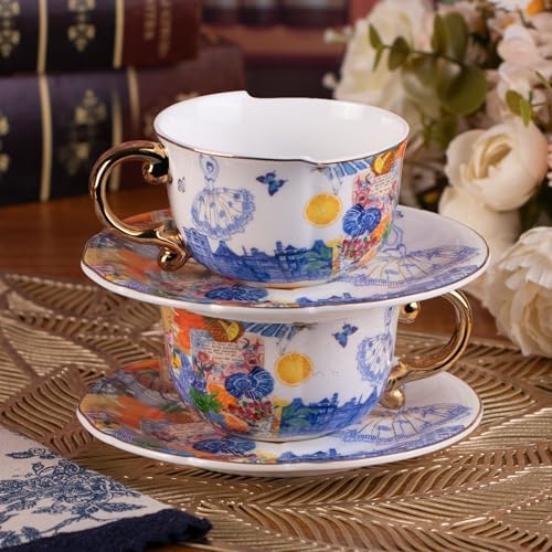 KAMMAK Tea Cups and Saucers Set of 2, Fine Bone China Coffee Cups, 584N - Image 4