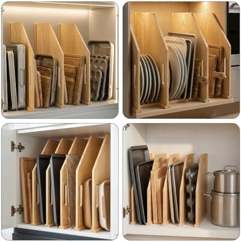 Solid Wood Tray Dividers for Cabinets, 4-Pack Baking Sheet & Cutting Board Organizer, Adjustable Cabinet Storage for Cookie Sheets, Pans and Pantry Trays - Image 6
