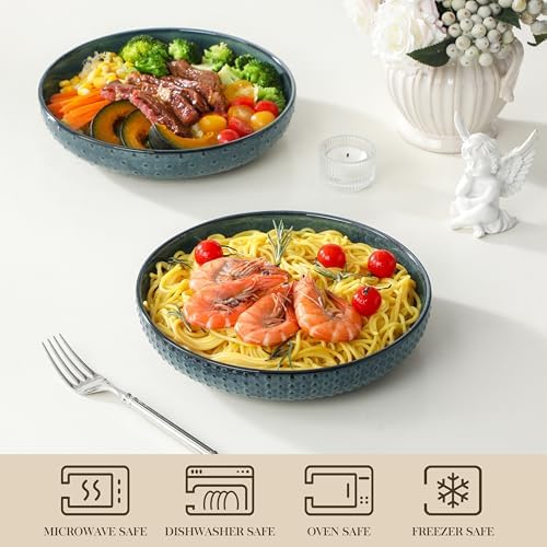 MALACASA 48 Oz Large Pasta Bowls, 9.5 Inch Ceramic Salad Bowls Serving Bowls, Wide and Shallow Plates Pasta Plates, Modern Relief Design, Microwave & Dishwasher Safe, Set of 4, Green, Series LYDIA - Image 4