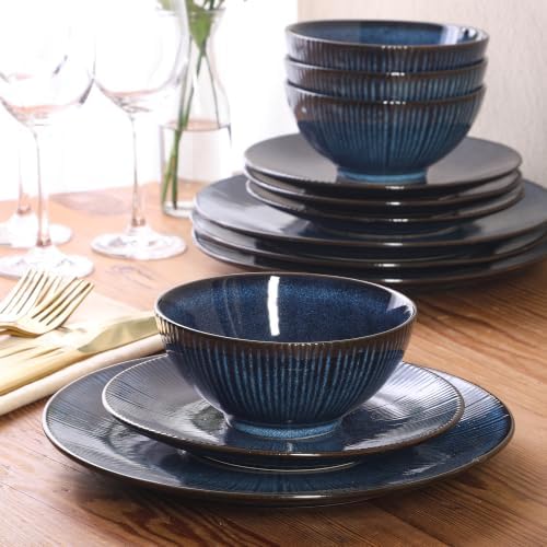Gibson Elite Midnight Lune Plates and Bowls Sets, 12-Piece Stoneware Dinnerware Sets, Reactive Glaze Dish Set - Blue - Image 5