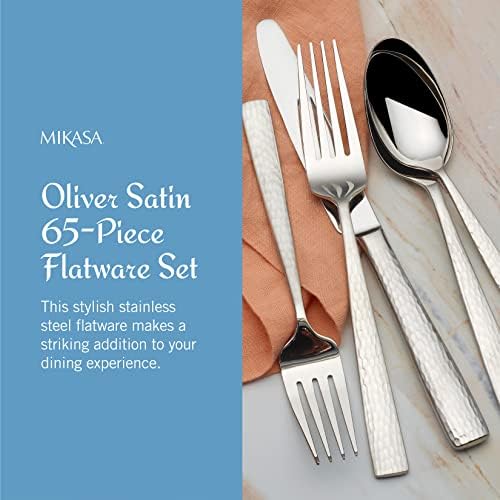 Mikasa Oliver Flatware Set, 65-Piece Service for 12, 18/10 Stainless Steel Silverware with Hammered Design and Satin Finish, Dishwasher Safe Cutlery Set - Image 2