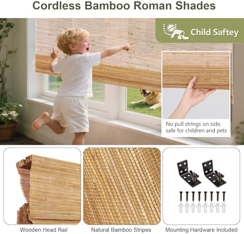 Aimnid Natural Cordless Woven Wood Shades for Windows, Light Filtering & Privacy Protection Bamboo Roman Shades, Custom Jute Bamboo Blinds with Valance for Kitchen, Indoor Windows, Patio, Serene Sand - Image 4