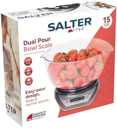 Salter 1024 SVDR14 Digital Kitchen Scale with Bowl- 2L Dishwasher Safe Mixing Bowl, Easy Dual Pour Wide & Narrow Spouts, Measure Liquids, Add & Weigh Function, Easy Read Display, 5kg Capacity, Silver - Image 2