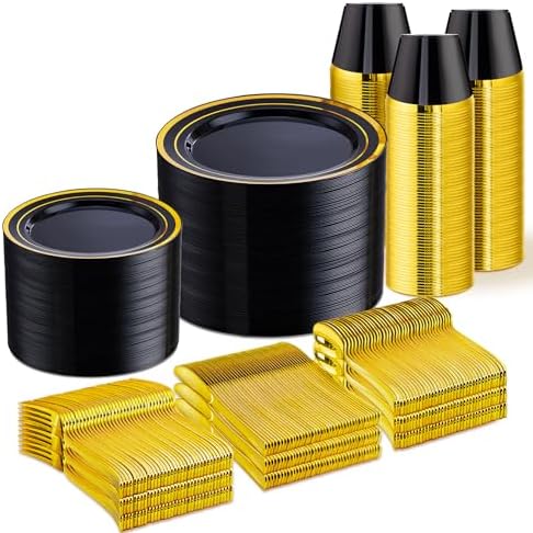 WELLIFE 600 PCS Black Gold Disposable Dinnerware Set for 100 Guests by WELLIFE