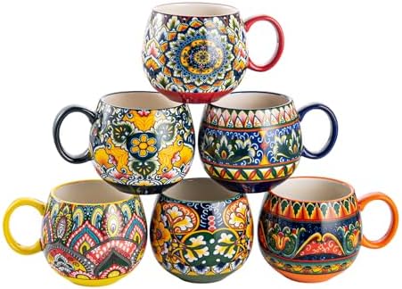 Henten Home Ceramic Coffee Mug Set of 6, 20 oz Colorful Coffee Cup with Handle, Boho Porcelain Mug for Cappuccino, Latte, Tea, Hot Chocolate, Cocoa, Microwave & Dishwasher Safe by HentenHome