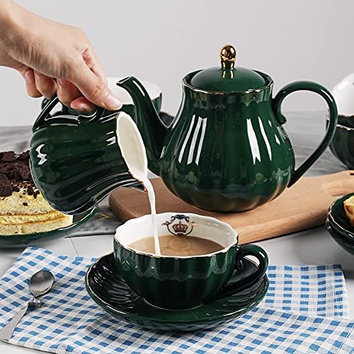 Sweejar Home Porcelain Tea Sets British Royal Series, 8 OZ Cups& Saucer Service for 6, with Teapot Sugar Bowl Cream Pitcher Teaspoons and Tea Strainer, Suitable for High Tea, Wedding, Party (Jade) - Image 4