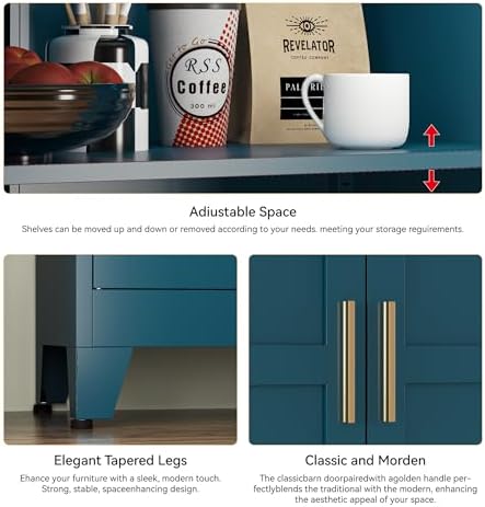 YAUWOH 71''Tall Kitchen Pantry Cabinet with Drawer,6-Tiers Metal Pantry Storage Cabinet with 4 Adjustable Shelves and 4 Barn Doors, Freestanding Farmhouse Food Cupboard for Dining Room (1PC,Blue) - Image 5