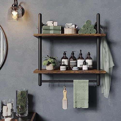 Bestier 24" 2 Tier Industrial Pipe Wall Shelf with 8 Hooks, Rustic Brown - Image 5