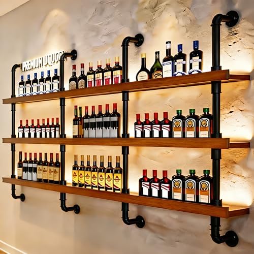 Wall Mounted Wine Rack with LED Light - 3-Tier Solid Wood Industrial Rustic Floating Shelves, Bottle Storage Organizer for Kitchen, Bar, Pub, Cellar, Home Bar (Walnut, 221cm/87in) by flowercart