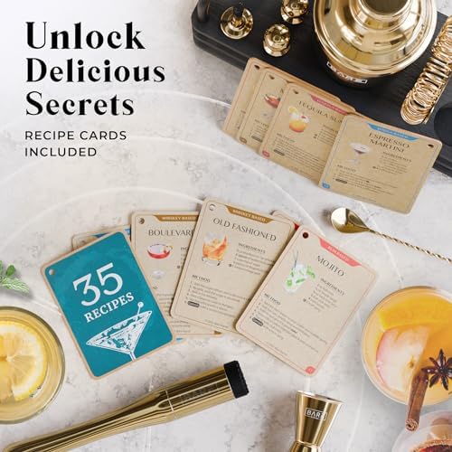 BARE BARREL® Mixology Bartender Kit Bar Set | 14-Piece Cocktail Shaker Set | Martini Barware Mixing Tools for Home Bartending | 35 Recipe Cards | Gift Set (24oz Cobbler Shaker, Gold/Black) - Image 5