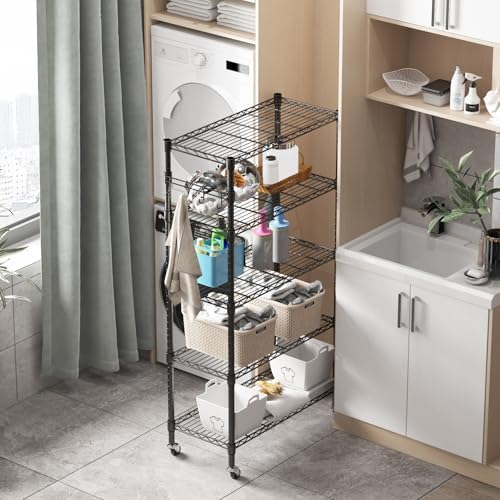 Homdox 5 Tier Metal Storage Shelves with Wheels, Heavy Duty Wire Shelving Unit, Adjustable Storage Racks with Side Hooks for Bathroom Kitchen Garage Pantry Organization, Black - Image 5