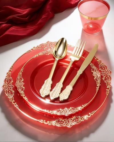 Goodluck 350 Piece Red Dinnerware Set for 50 Guests - Image 4