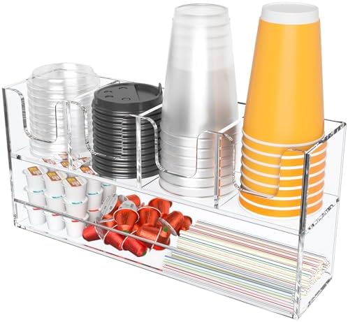 Beego 5-Compartment Cup Holder for Countertop - 2-Tier Clear Acrylic Cup Dispenser Coffee Station Paper Cup and Lid Organizer Condiment Storage for Restaurant Breakroom Kitchen Bar Accessories by beegoofficial