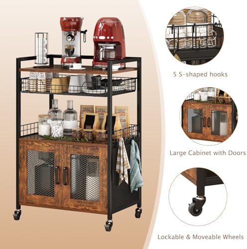 Hencawima Coffee Bar Cabinet, 3 Tier Coffee Station Table on Wheels, 35.9" H Bar Cart with Wire Basket Drawer & 5 Hooks for Home Kitchen, Liquor Buffet Sideboard Cabinet (Rustic Brown) - Image 5