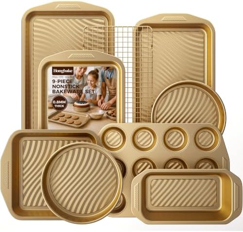 9-Piece Nonstick Bakeware Set, Non-Toxic Baking Pans Set, Gold by HONGBAKE