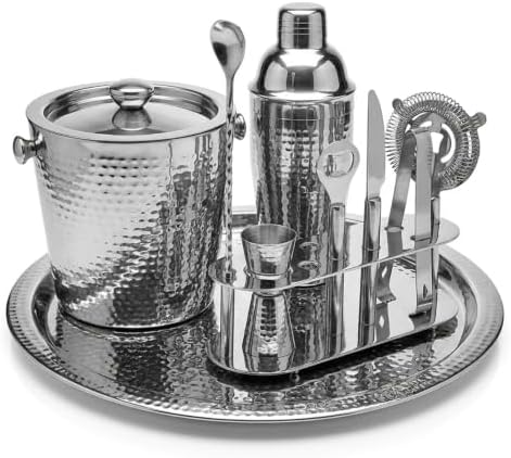 Godinger Nine Piece Hammered Finish Steel Bar Set by Godinger