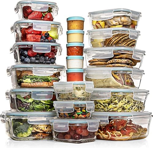 Razab 35 Pc Set Glass Food Storage Containers with Lids - Meal Prep Airtight Bento Boxes BPA-Free 100% Leak Proof (15 lids,15 glass & 5 Plastic Sauce/Dip Containers) by RazabHomeGoods