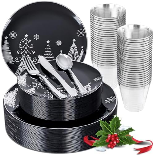 KIRE 150PCS Christmas Plates Disposable & Dinnerware Set for 25 Guests - Black & Silver Plates, Plastic Silverware & Cups With Silver Rim for Christmas/New Year by KIRE