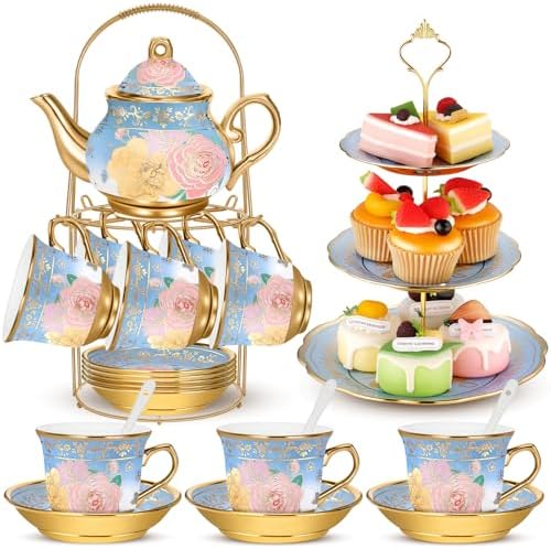 21 Pcs Porcelain Tea Set with 3 Tier Dessert Stand, Blue, Elegant by Suttmin